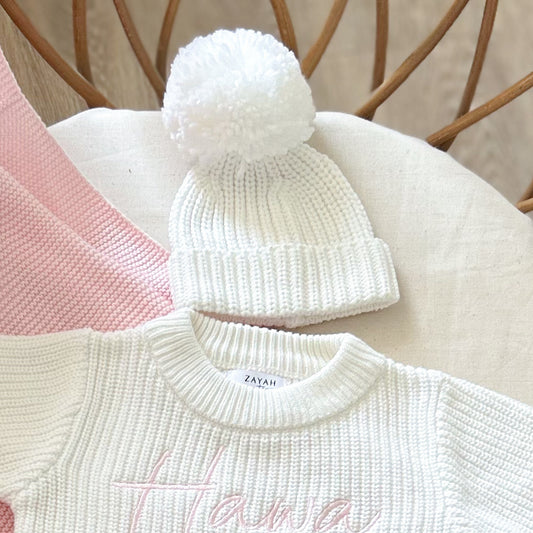 Bonnet d'hiver en maille à Pompons - Milk -